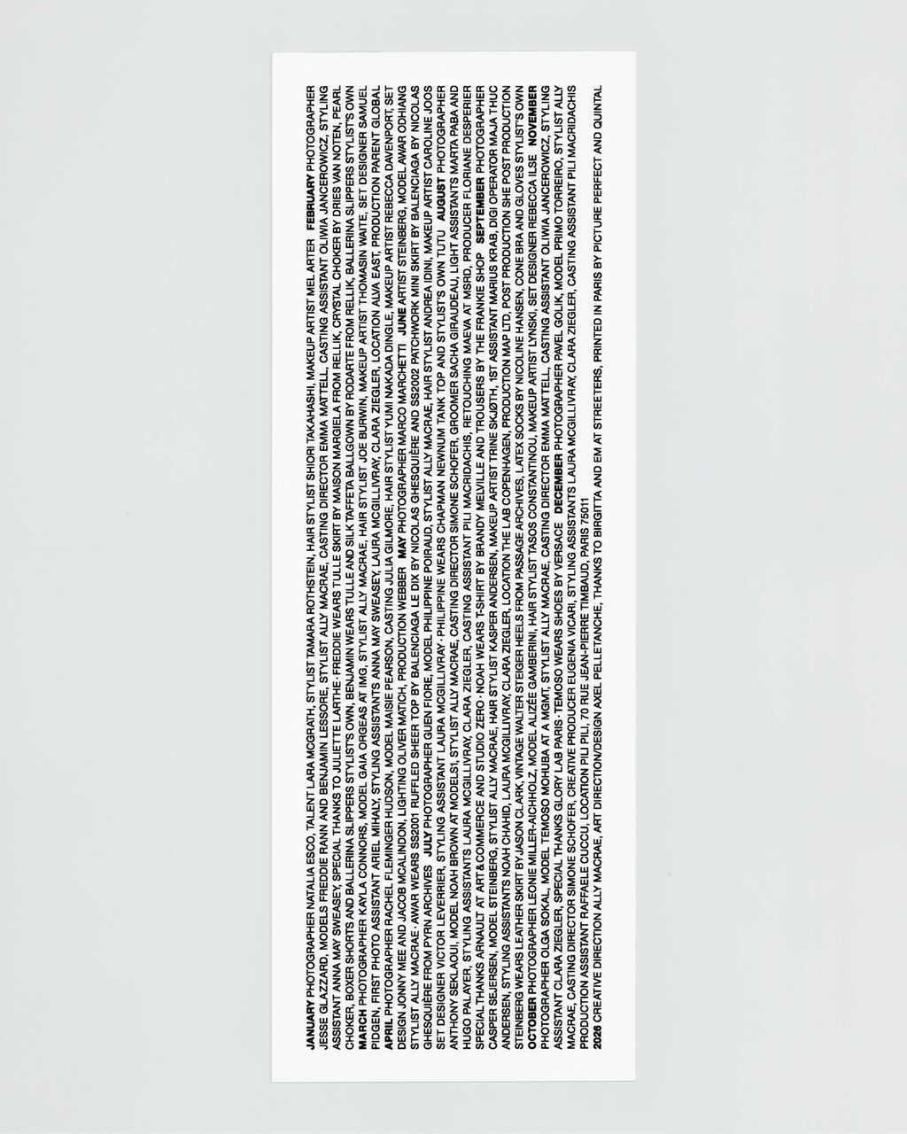 Art direction and design for “26” a calendar by Ally Macrae. 
Pictured: credits, 105×297mm risograph printing - © Axel Pelletanche