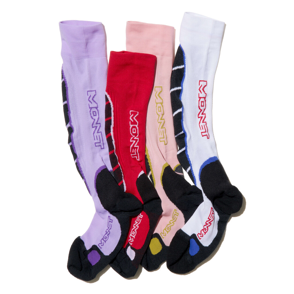 Branding/logotype for French technical socks brand Monnet, 2025. 
Proudly Made in France. 
Pictured: “Ski racing” collection - © Axel Pelletanche